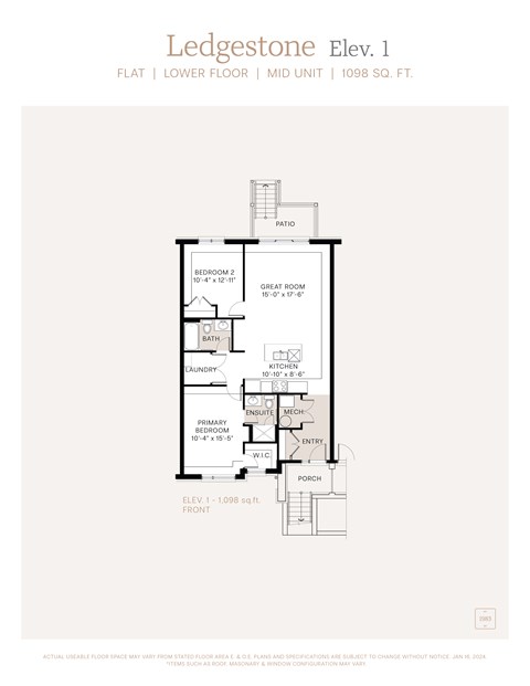 Floor plan for 2 beds, 2 baths, 1098 sqft